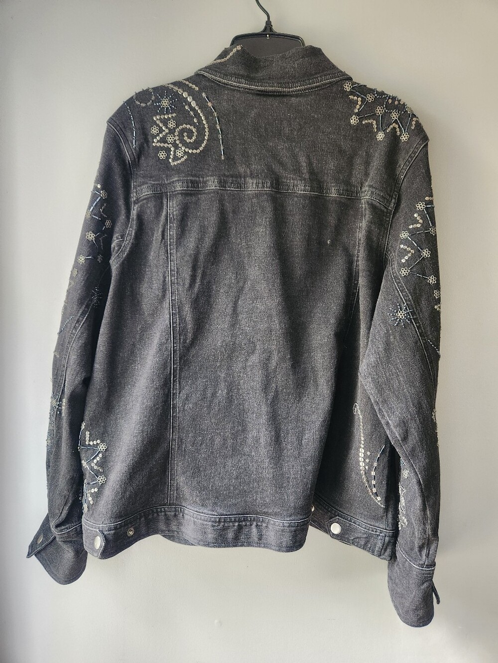 Susan Bristol Black Denim Jacket w Floral Paisley Beaded Sequins - Picture 3 of 16